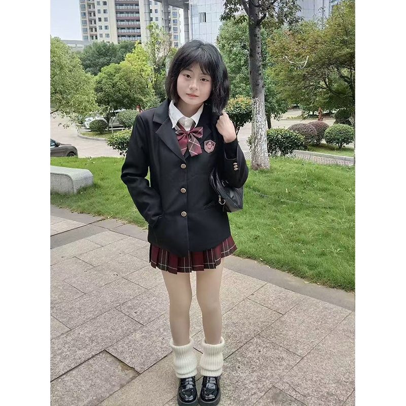 甜美风叠穿西装外套三粒扣秋冬海棠红JK格裙套装基础款宽松衬衫