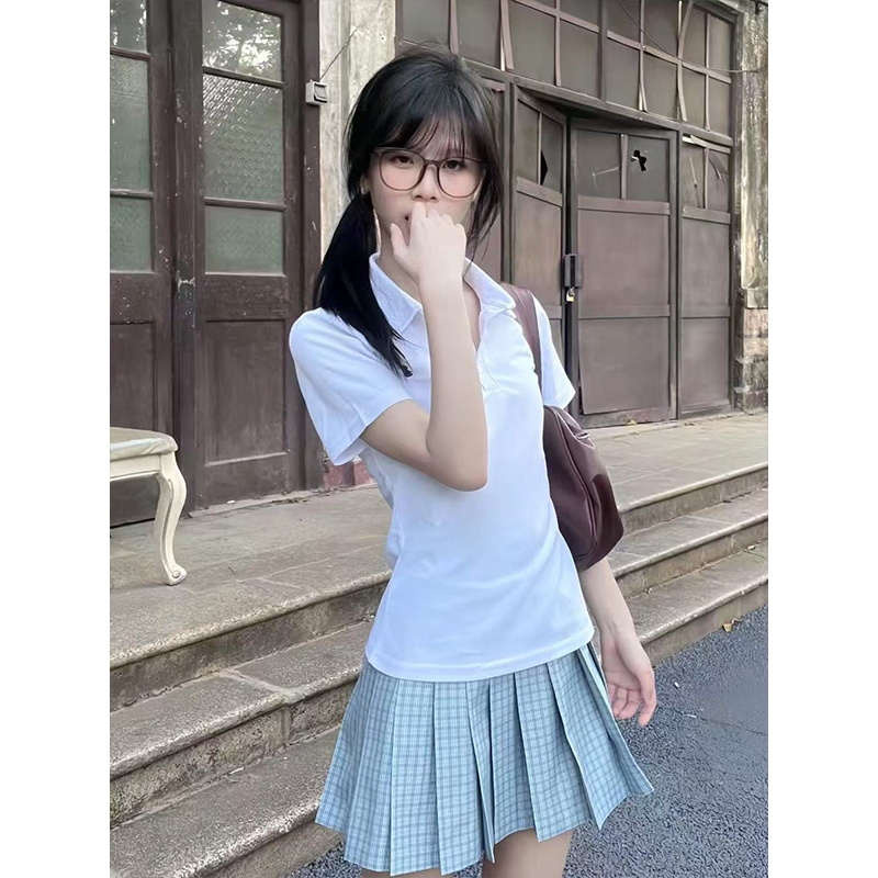 日系JK制服简约穿搭白色polo衫上衣夏季新品学院风百搭格裙套装女