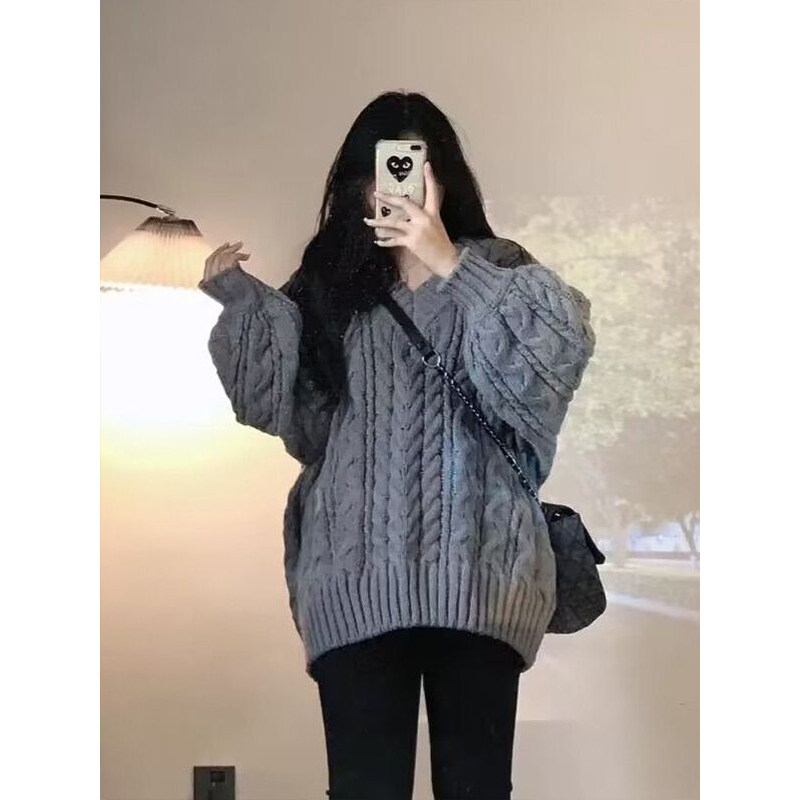 慵懒风复古加厚V领宽松灰色麻花毛衣女学生秋冬韩版百搭针织衫潮