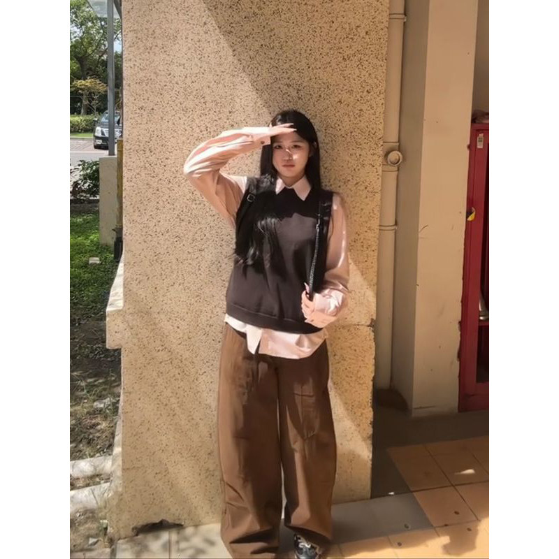 时髦潮流翻领长袖衬衫女秋季叠穿慵懒风圆领针织马甲背心两件套装