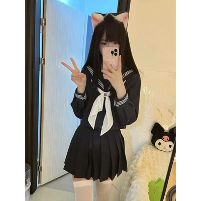 原创JK制服套装绀色黑色长短袖衬衫百搭三本中间服JK裙日系学院风
