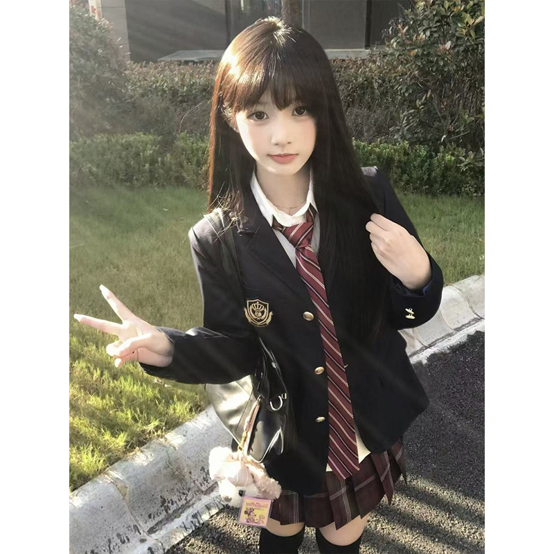 学院风穿搭百搭基础款长袖衬衫校供感短裙叠穿黑色西装外套一套装