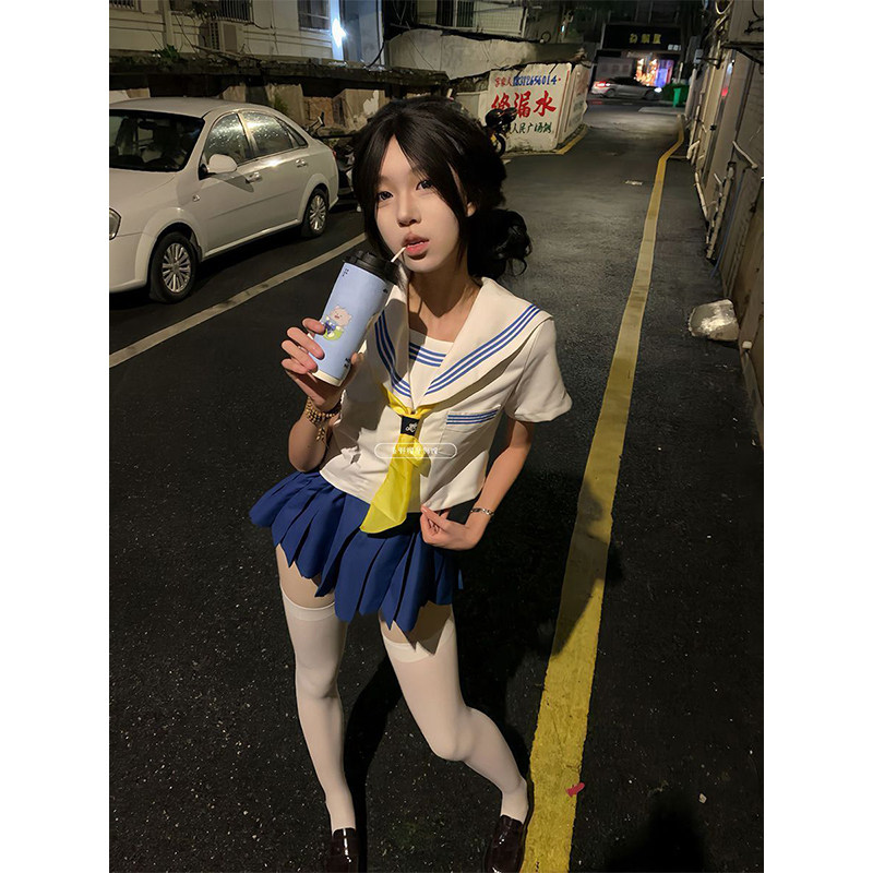 原创JK蓝三本水手服女海军领中间服软妹制服短袖套装纯色短裙夏季