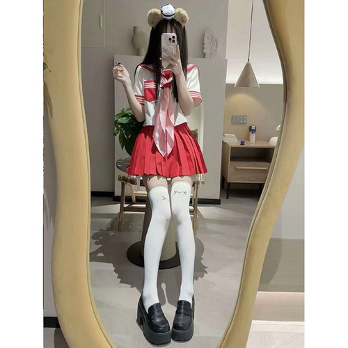 原创jk制服红三本长短袖衬衫中间服学院风多巴胺套装百搭红色JK裙