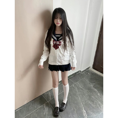 日系制服穿搭白色长袖针织开衫毛衣秋冬三本水手服叠穿短裙套装女