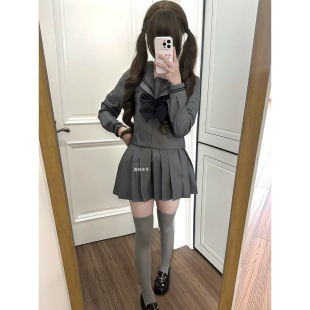日系原创正统jk制服灰色二本水手服学生服学院风长袖百褶裙套装