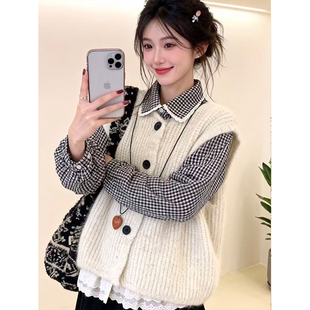 两件套装 蕾丝拼接polo领格纹衬衫 女秋冬 季 日系单排扣针织马甲开衫