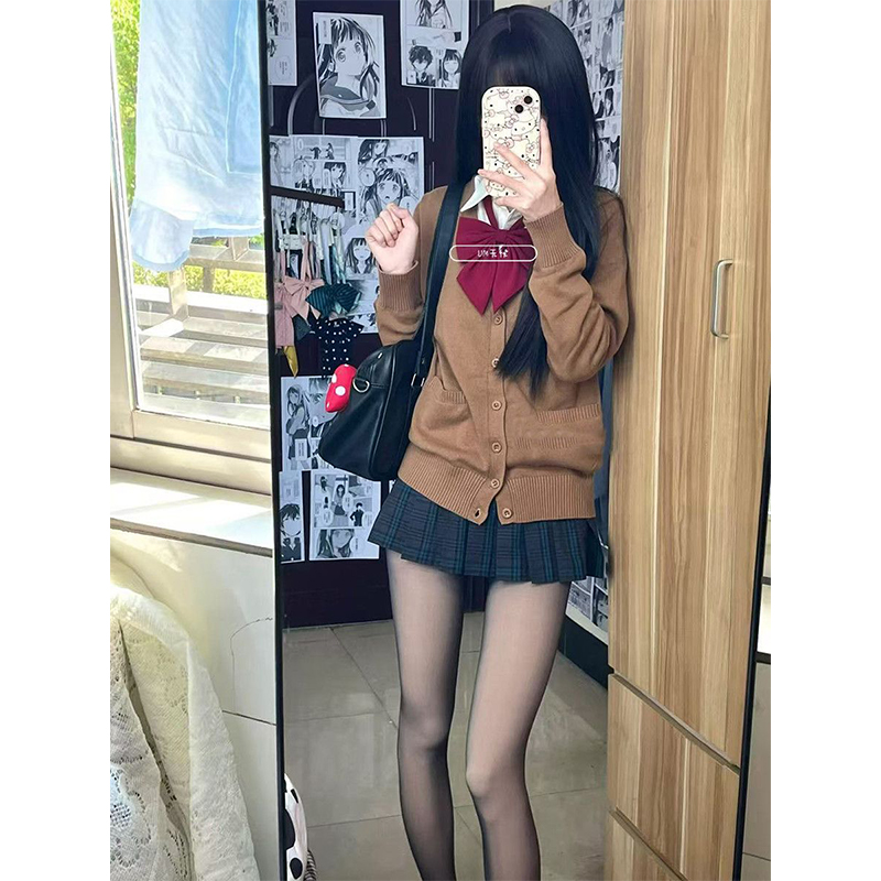 日系外穿jk制服学院茶色开衫长袖v领毛衣针织外套春秋款显瘦上衣