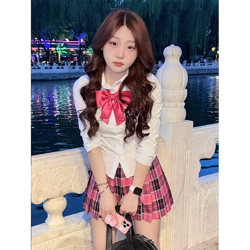 原创JK制服学院风穿搭短袖白色衬衫百搭JK百褶裙小玫格裙夏季套装