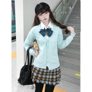 秋冬款绿色针织衫开衫外套日系学院风穿搭秋刀鱼裙JK制服叠穿套装