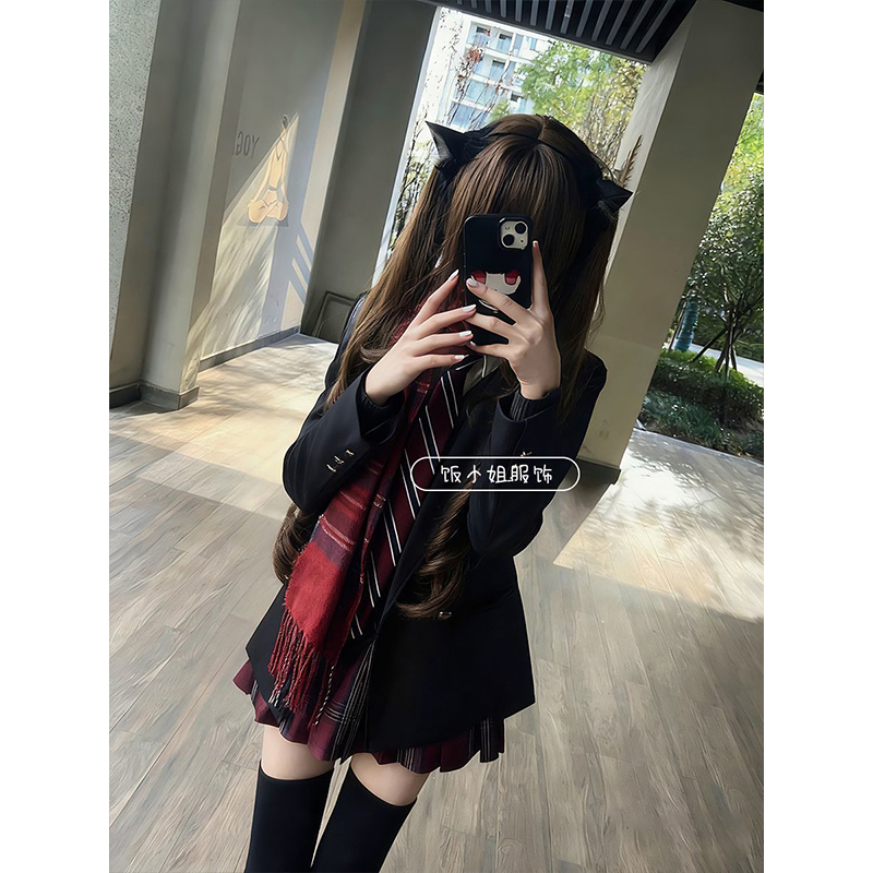 韩系小众2025新款夏季黑西装日系长袖衬衫叠穿开衫原创凛凛裙套装