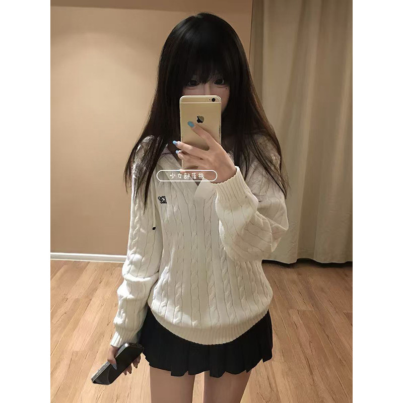 白色麻花连帽针织衫上衣别致慵懒春秋长袖韩系jk毛衣学院风穿搭女