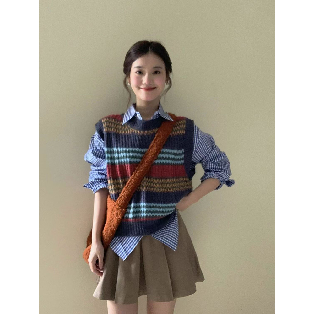 学院风套装女春秋新款复古撞色针织马甲背心叠穿格子衬衫百褶裙子