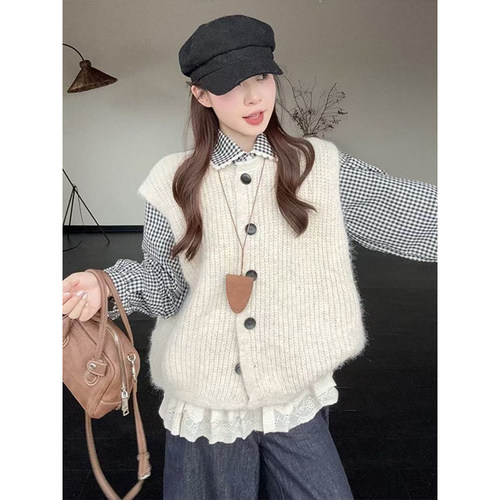 日系复古清纯少女风针织开衫背心马甲+格纹花边长袖衬衫两件/套装