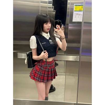 美式jk制服学院风夏季套装甜酷辣妹针织背心短款衬衫红色格子裙女