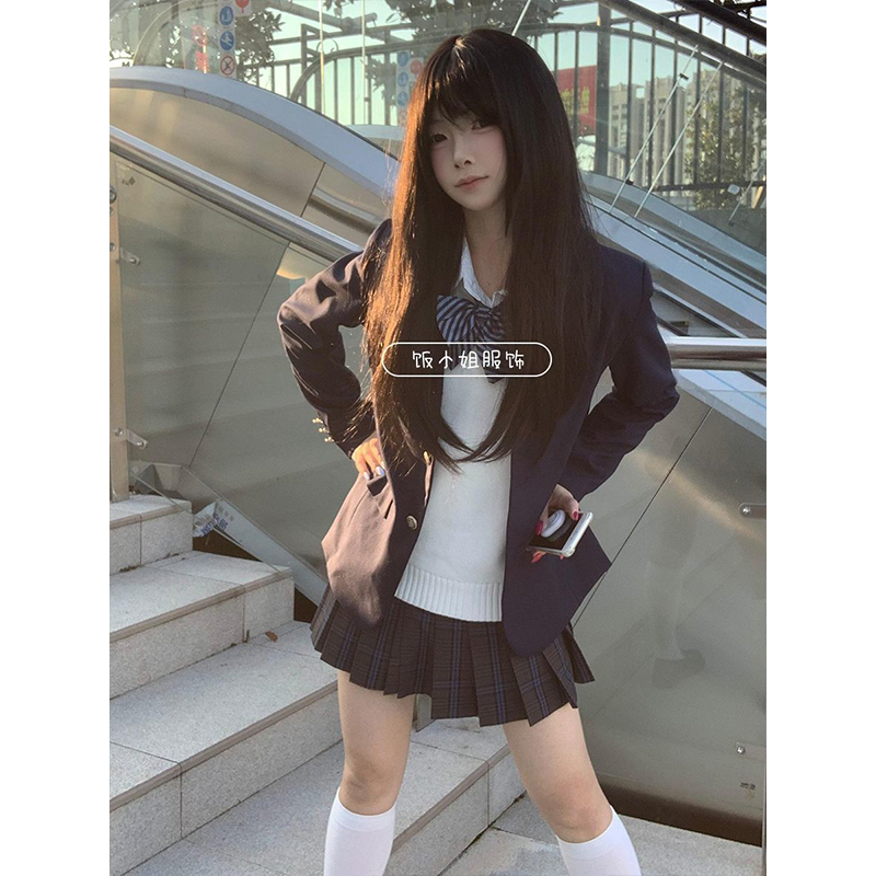 原创JK制服绀色西装外套学院风叠穿白色针织衫毛衣凛凛格裙一整套