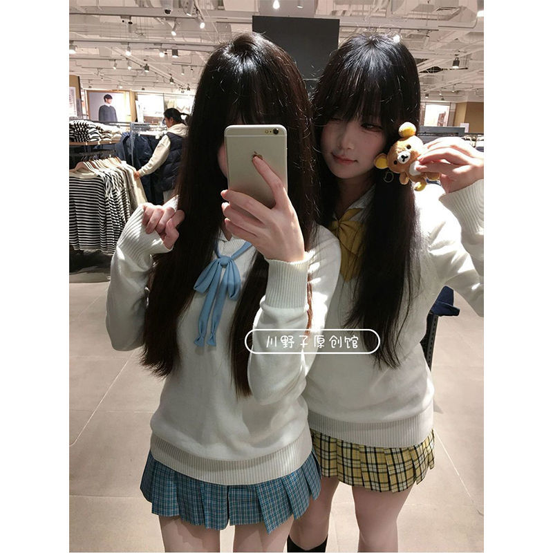 学院风秋冬制服JK制服毛衣v领新款上衣女百搭格裙套装长袖针织衫