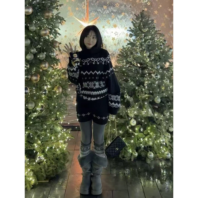 慵懒风复古黑色高领提花费尔岛毛衣女搭配针织短裤套装秋冬一整套,女装/女士精品,时尚套装,淘宝优惠券,粉丝福利购,淘宝优惠卷