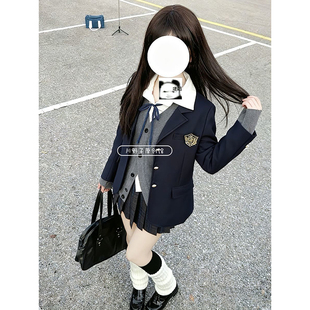 JK制服秋冬绀色西装外套学院风叠穿深灰针织衫开衫百搭凛凛JK格裙