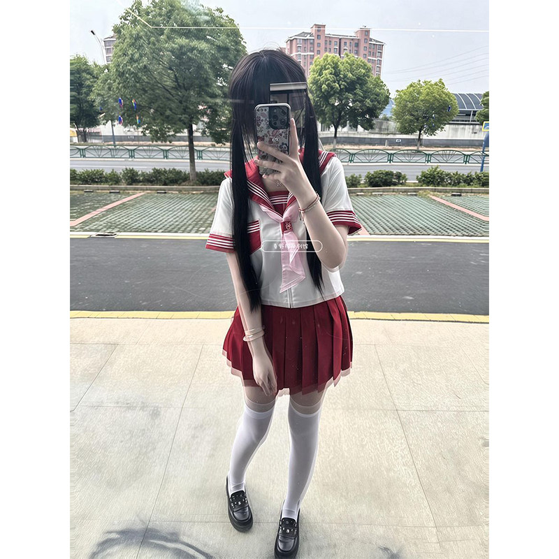 jk制服套装红三本长短袖衬衫日系学院风穿搭多巴胺红色JK短裙夏款
