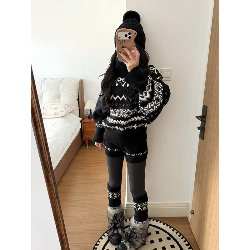 韩系费尔岛高领蝴蝶结提花长袖毛衣女搭配针织短裤秋冬两件/套装,女装/女士精品,时尚套装,淘宝优惠券,粉丝福利购,淘宝优惠卷