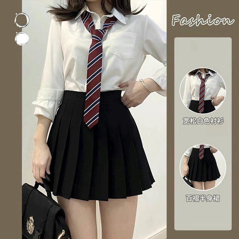 COLLEGE STYLE TIE WHITE SHIRT WOMENS SPRING AND AUTUMN NEW LONG SLEEVE LOOSE SHIRT PLEATED SKIRT JK UNIFORM SUIT TIDE