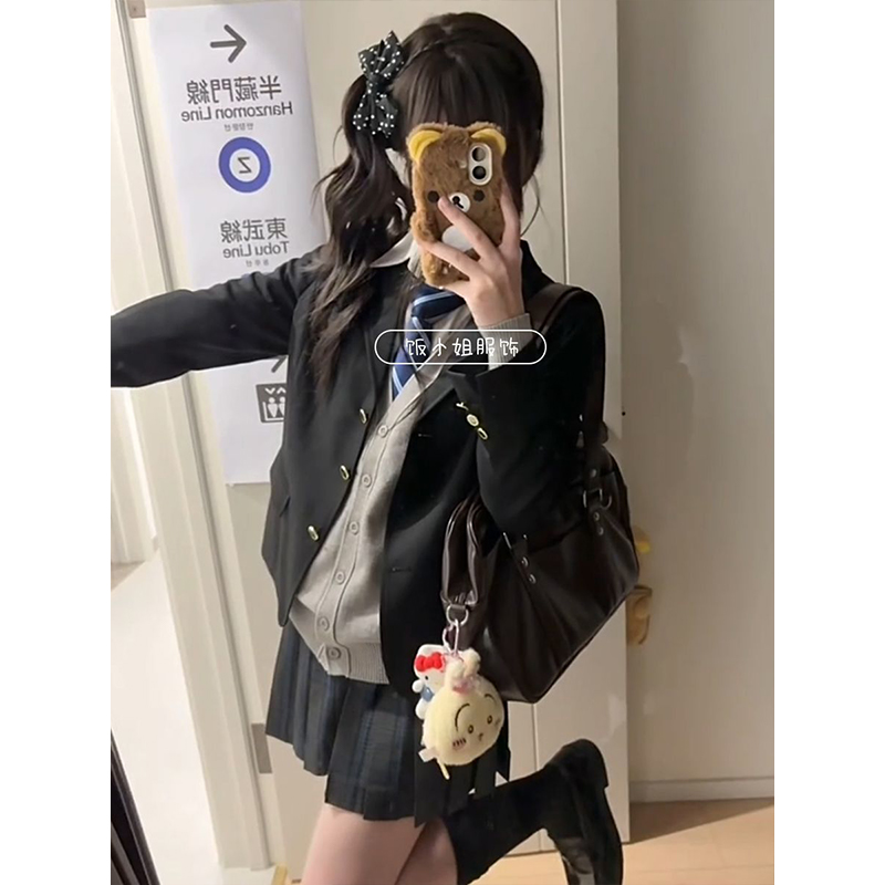 JK制服高校学姐西装单排西服外套女秋冬款毛衣jk针织开衫格裙套装