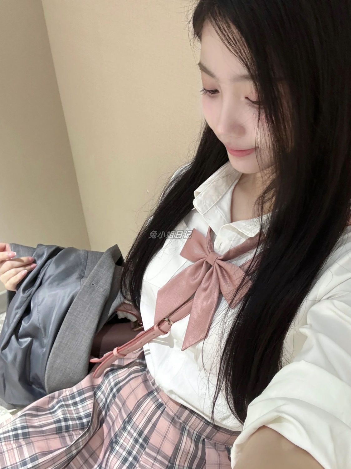 学院风衬衫穿搭jk制服套装甜美风长袖纯色上衣女粉格子裙短裙套装