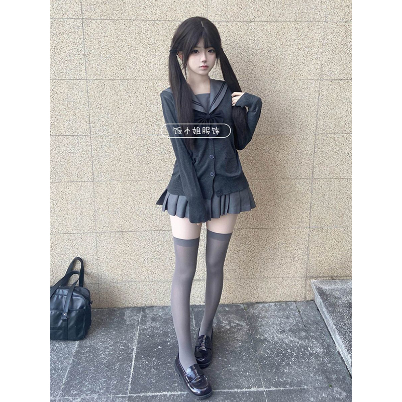 原创秋冬款开衫毛衣日系灰二本基础水手服学院风灰色短裙套装软妹
