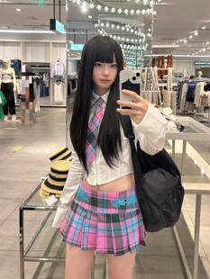 甜酷辣妹设计感修身 POLO领衬衣高腰格子印花百褶裙洋气小众女ins