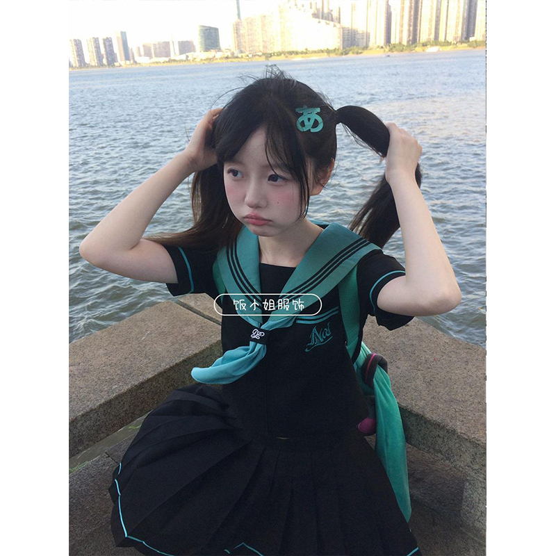 新品日系三本初音色JK水手服套装短袖制服学院风正肩上衣jk短裙女