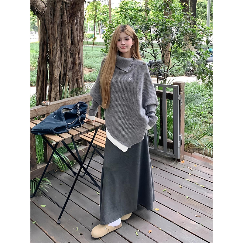 韩系高领不规则宽松斗篷毛衣外套针织衫+秋冬鱼尾半身裙/两件套装