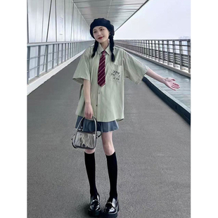 女小众JK百褶裙学院风套装 纯棉 日系甜美绿色条纹衬衫 宽松短袖
