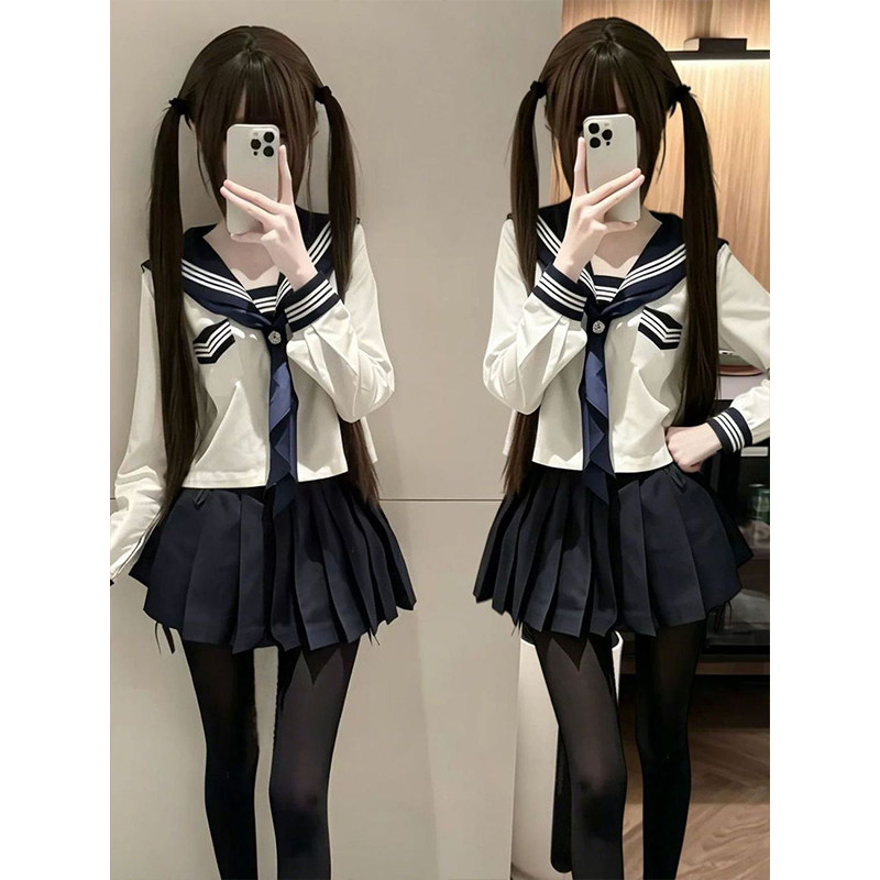 原创正统Jk制服日系中间服基础款海军领白三本长袖水手服短裙套装