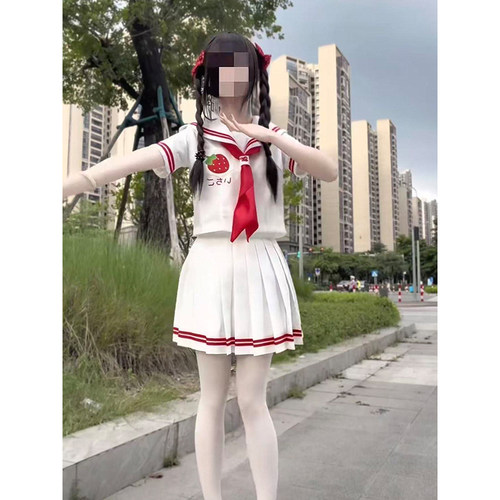 原创新款JK制服草莓水手服短袖衬衫学院风校供感穿搭白红JK裙夏款