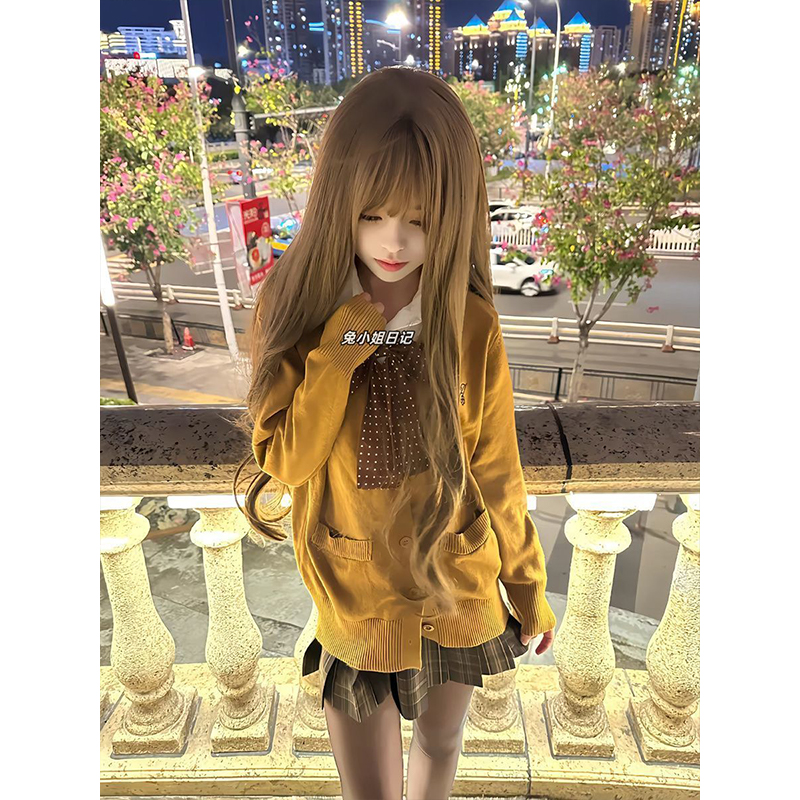 原创长袖宽松衬衫小众叠穿开衫日系休闲百搭时尚学院风焦糖JK套装