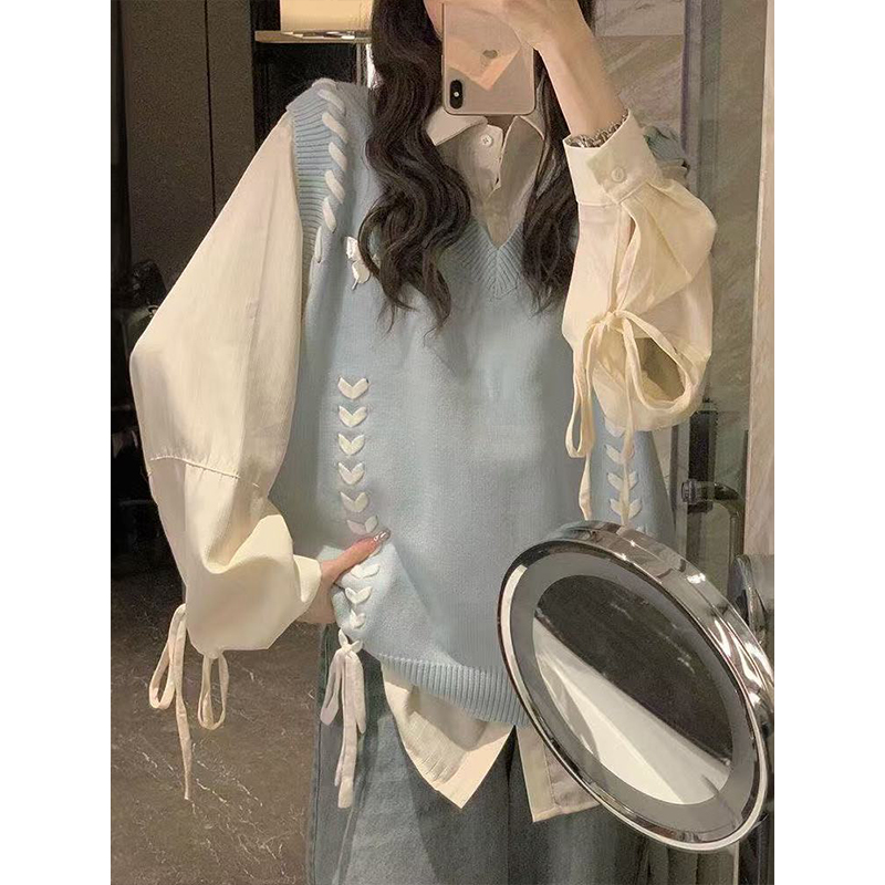 秋季穿搭一整套韩系手工明线穿绳针织马甲背心女搭配长袖绑带衬衫