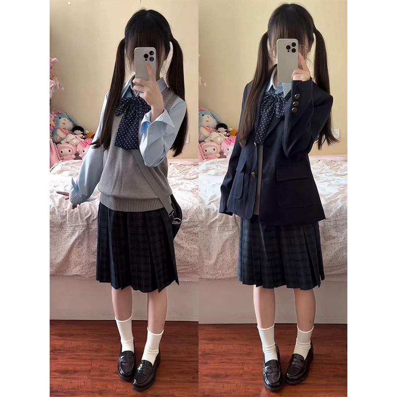 原创制服jk开衫套装秋冬西服甜美百搭学院风校供格针织衫毛衣短裙