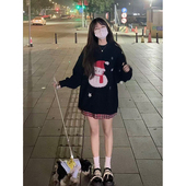 日系甜美复古圣诞雪人提花毛衣女学生毛茸茸宽松秋冬款 针织衫 上衣