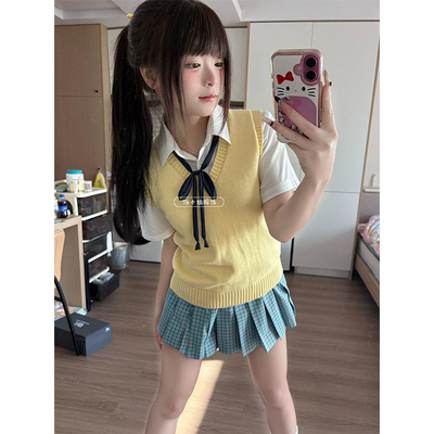 JK制服学院风穿搭针织衫黄色马甲背心叠穿基础款衬衫松蓝裙一整套