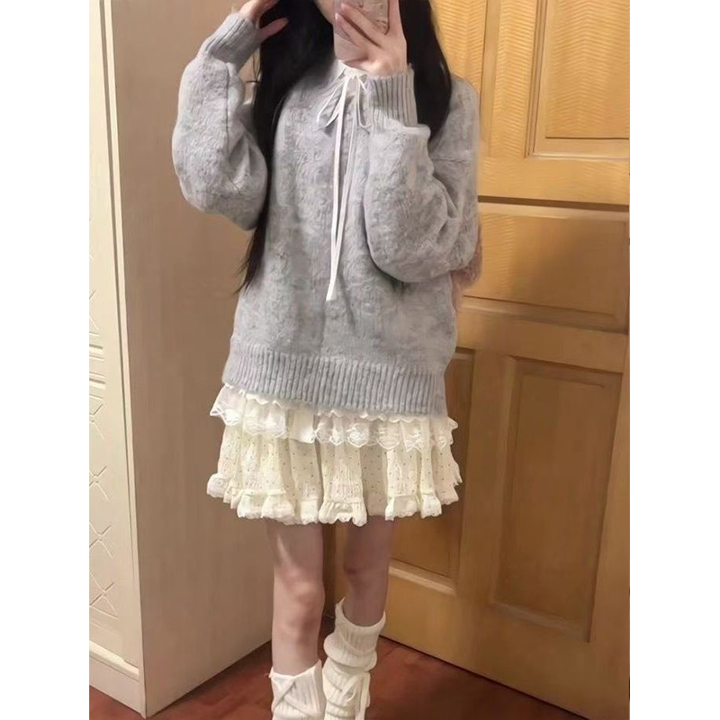 两件/套装甜美软糯小个子蝴蝶结刺绣针织套头毛衣女+系带长袖衬衫