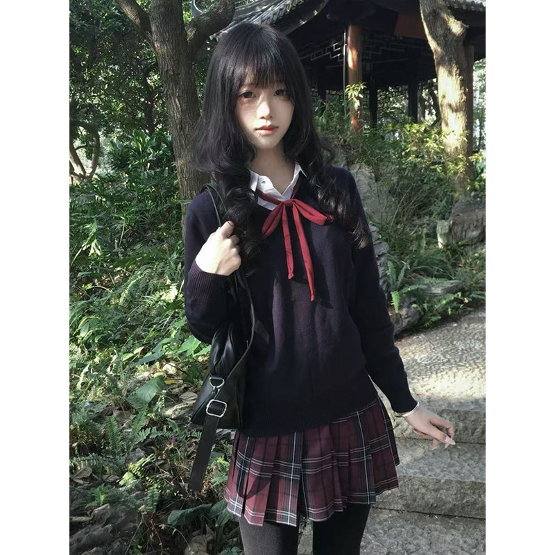 秋冬款玄JK格裙学院风穿搭制服针织衫长袖套头毛衣外套原创一套装