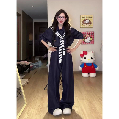 学院风小个子polo领牛仔长袖衬衫套装女早秋外搭披肩气质阔腿长裤