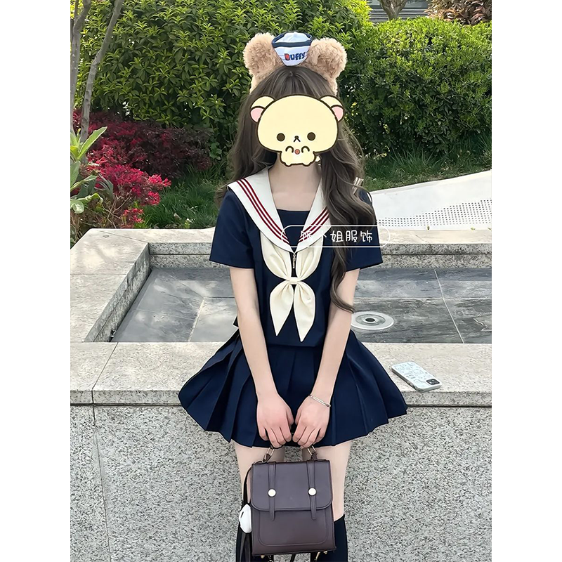 JK制服套装日系中间服基础款绀色jk裙水手服上衣百褶短裙一整套装