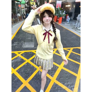 小杏中/jk日系格裙学院风黄色长袖针织宽松百搭纽扣毛衣外套叠穿