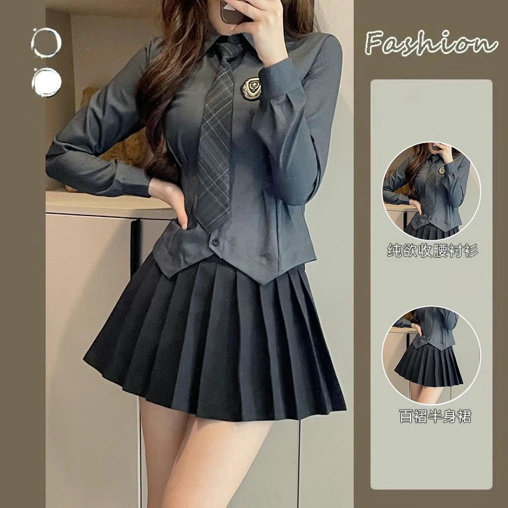 阳光日系甜美长袖排扣收腰不规则设计感衬衫领带长袖女jk制服套装