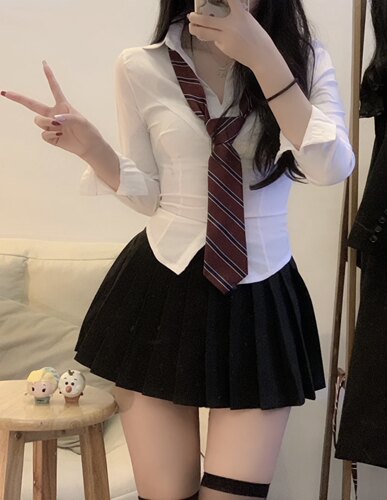 jk衬衫学姐韩式制服长袖不良校园bm风收腰提胸上衣学院纯欲风套装