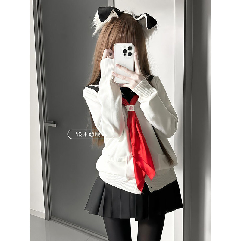 JK制服针织衫白色开衫毛衣叠穿基础宽松上衣水手服黑色短裙一整套