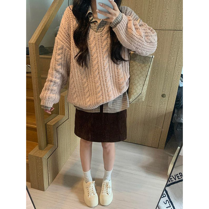 韩系甜美复古宽松麻花针织套头毛衣女学生秋季+格纹衬衫两件套装