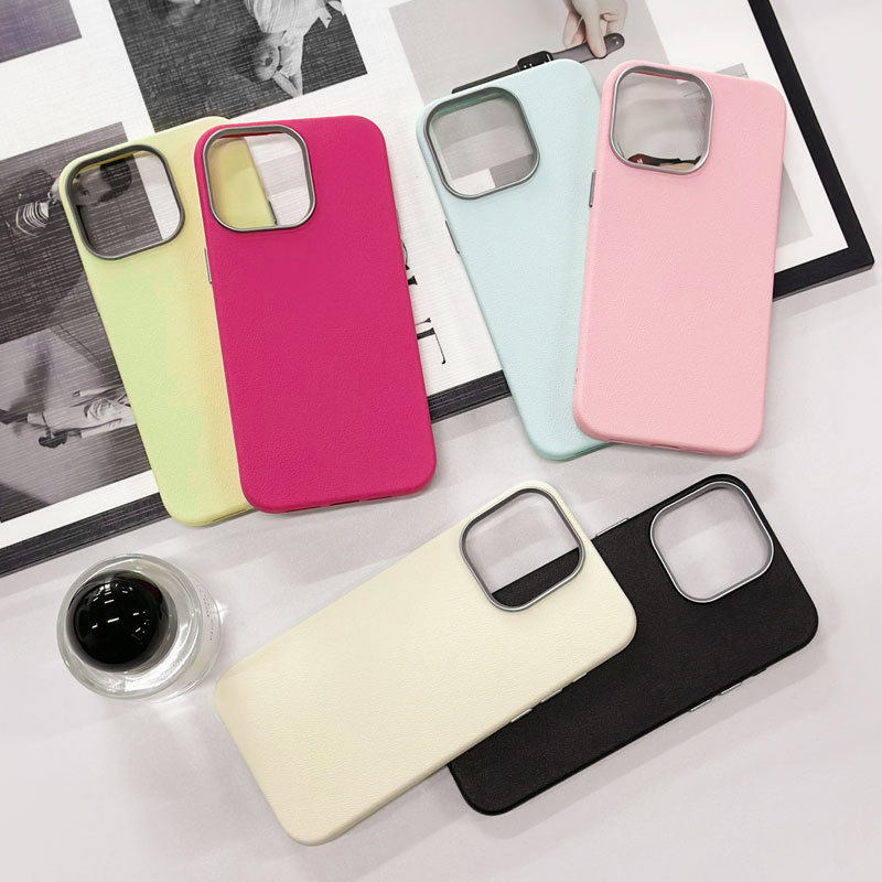 韩系简约银框皮纹适用17promax苹果16pro手机壳iPhone15promax小众14pro纯色13promax防摔Air/12pro高级感11